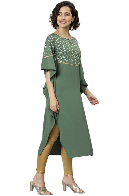 Janasya Women's Green Poly Crepe Printed Kaftan