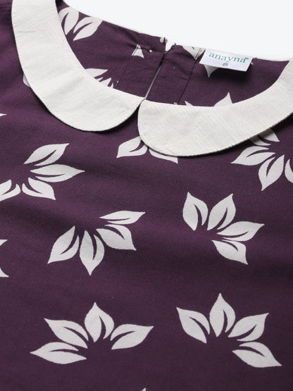 Anayna Women Aubergine & White Floral Screen Print Peter-Pan Collar Cotton Fusion Kurta