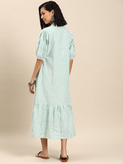 Anayna Striped Puff Sleeve A-Line Cotton Midi Dress