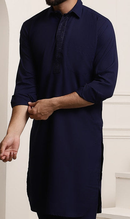 Sojanya Men Navy Blue Solid Pathani Kurta with Salwar