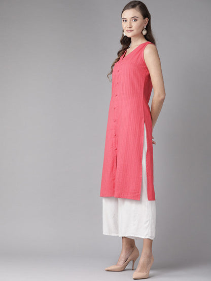 Anayna Women Pink Self Striped Straight Kurta