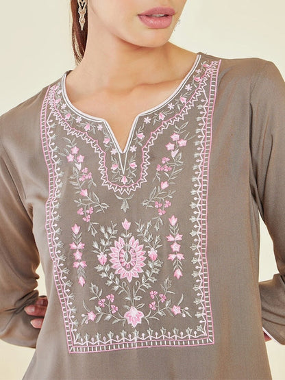 Soch Beige & Pink Notched Neck Floral Embroidered Straight Kurta