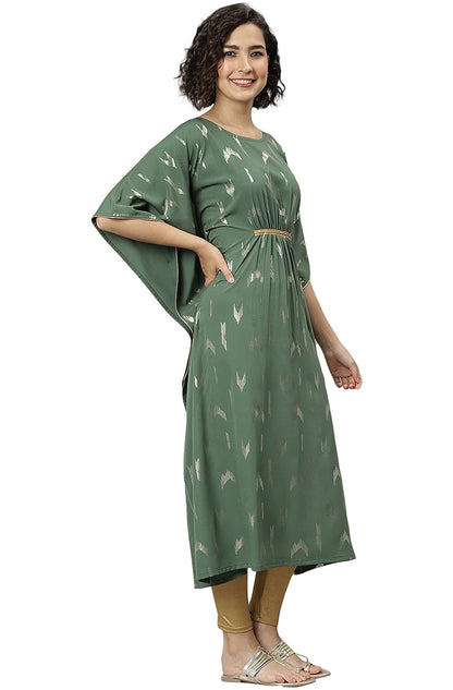 Janasya Women's Green Poly Crepe Geometric Print Kaftan Kurta