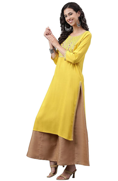 Janasya Women's Mustard Poly Rayon Solid Straight Kurta