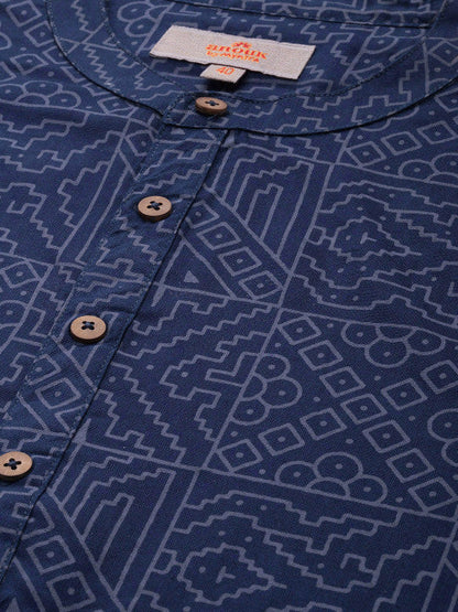 Anouk Men Geometric Printed Cotton Indigo Short Kurta