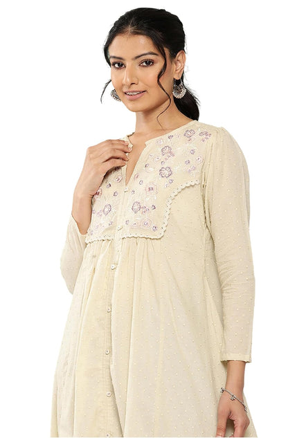Janasya Women's Off White Dobby Cotton Solid A-Line Kurta