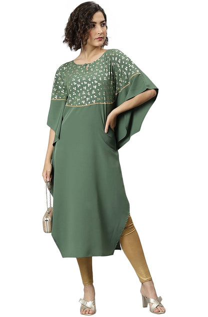Janasya Women's Green Poly Crepe Printed Kaftan