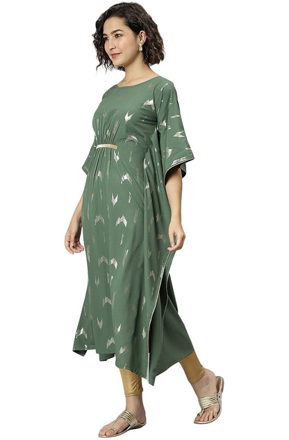 Janasya Women's Green Poly Crepe Geometric Print Kaftan Kurta
