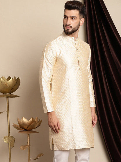 Anouk Ethnic Motifs Woven Design Band Collar Silk Cotton Regular Kurta
