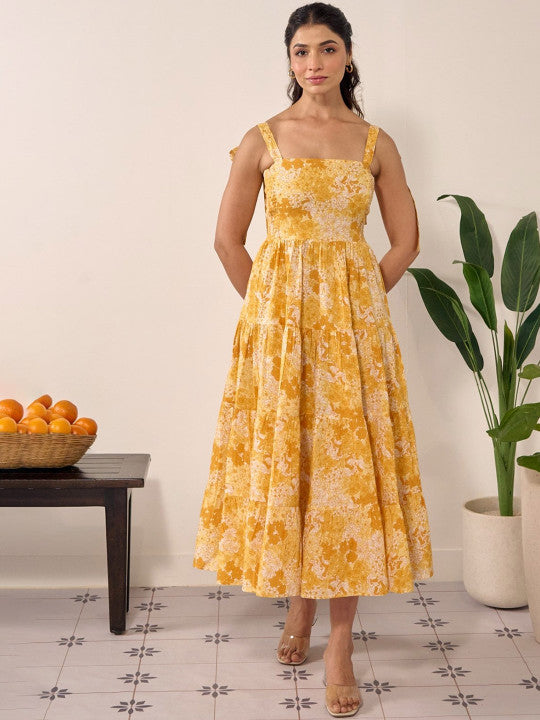 Anayna Floral Printed Sleeveless Cotton Fit & Flared Ethnic Dress