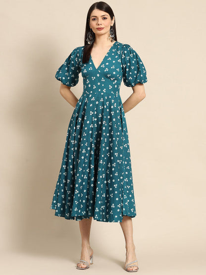 Anayna Teal Green & White Bandhani Printed Pure Cotton A-Line Midi Dress