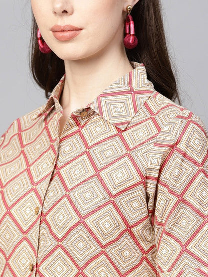 Anayna Women Beige & Pink Printed Shirt Dress