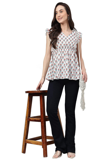Janasya Women's White Cotton Floral Print Flared Top
