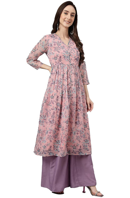 Janasya Women's Pink Chiffon Lurex Floral Printed Flared Kurta