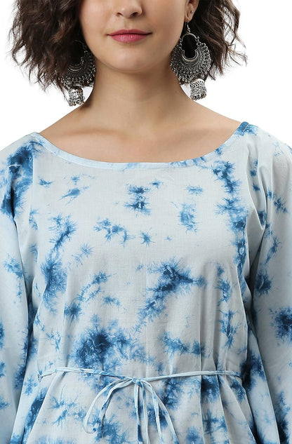 Janasya Women's Sky Blue Cotton Tie-Dye Kaftan Kurta