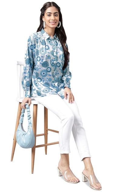 Janasya Women's Grey Satin Digital Floral Printed Shirt Style Top