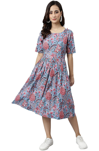Janasya Women's Sky Blue Cotton Floral Print Flared Western Dress