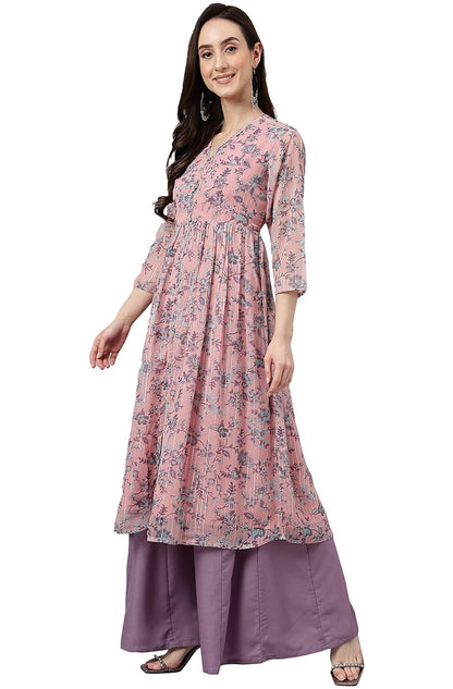 Janasya Women's Pink Chiffon Lurex Floral Printed Flared Kurta