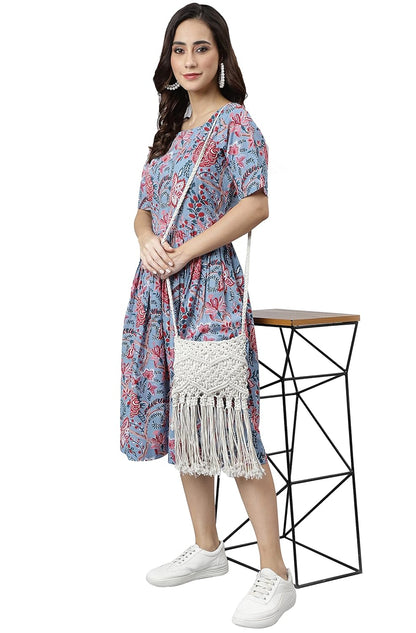 Janasya Women's Sky Blue Cotton Floral Print Flared Western Dress
