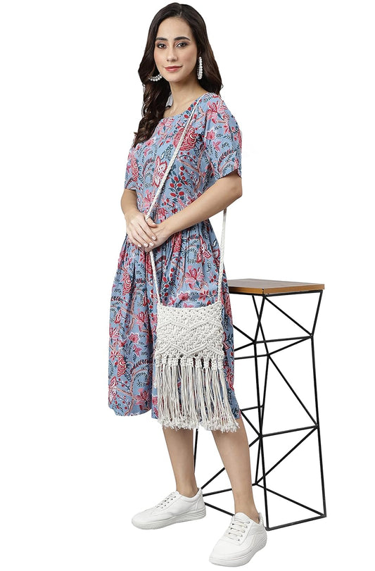 Janasya Women's Sky Blue Cotton Floral Print Flared Western Dress
