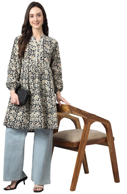Janasya Women's Black Cotton Floral Print Flared Tunic
