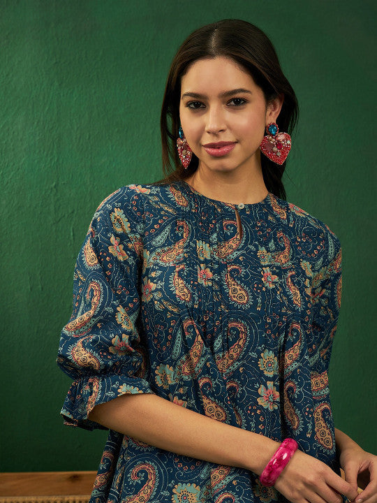 Sangria Paisley Printed Keyhole Neck Puff Sleeves Pleated A-Line Cotton Top
