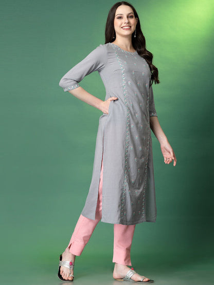 Sangria Floral Embroidered Cotton Straight Kurta