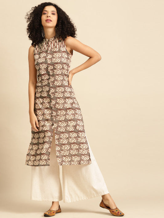 Anayna Women Taupe & Off White Floral Print Cotton Kurta