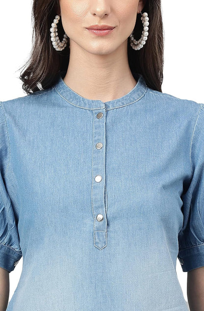 Janasya Women's Light Blue Denim Solid High Low Kurta