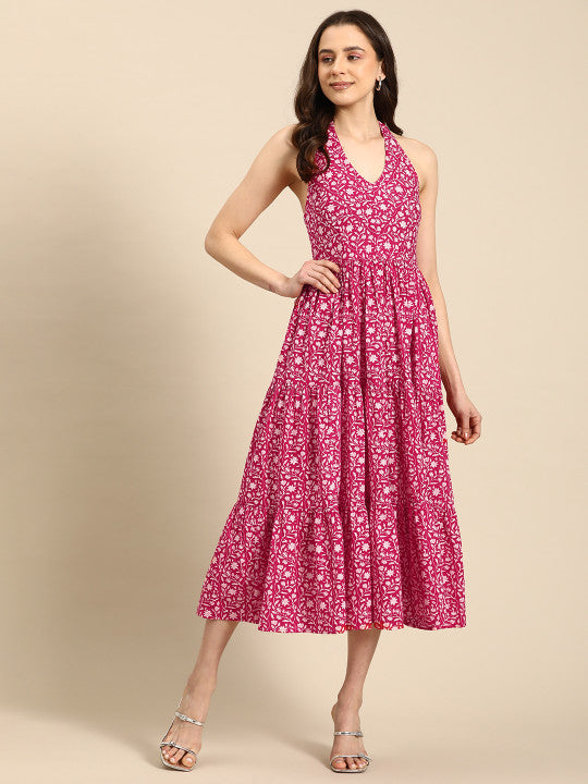 Anayna Floral Print Halter Neck Fit & Flare Pure Cotton Midi Dress