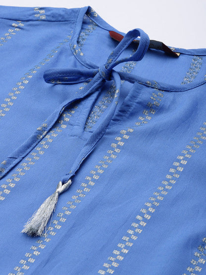 Women Jacquard Chanderi Silk Tie-Up Neck Puff Sleeves Kurta With Sequin Detail