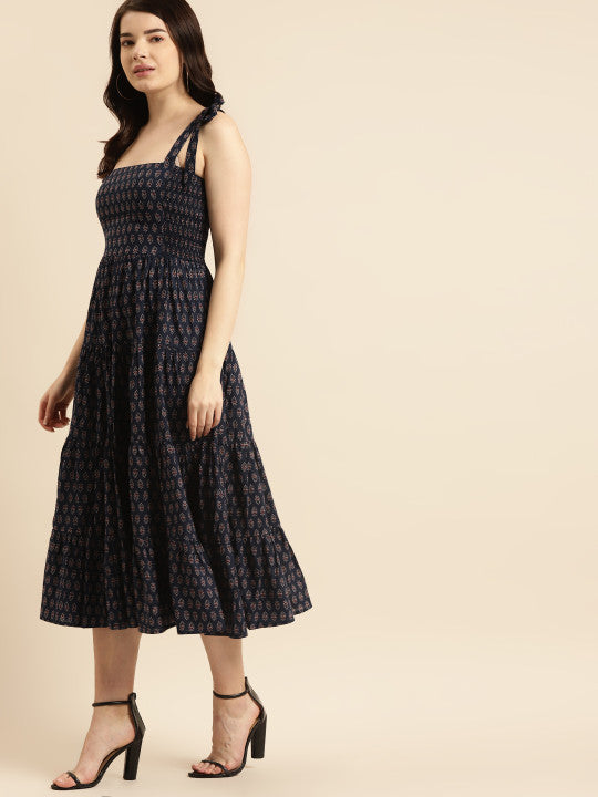 Anayna Navy Blue & Maroon Ethnic Motifs Ethnic Midi Dress