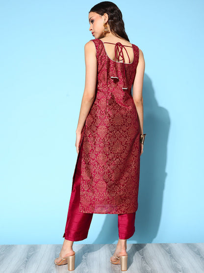 Ahalyaa Burgundy Ethnic Motif Woven Design Sleeveless Kurta