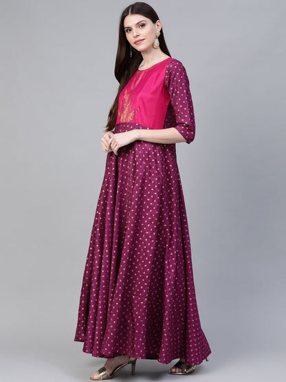 Ahalyaa Women Purple & Golden Screen Printed Maxi Dress