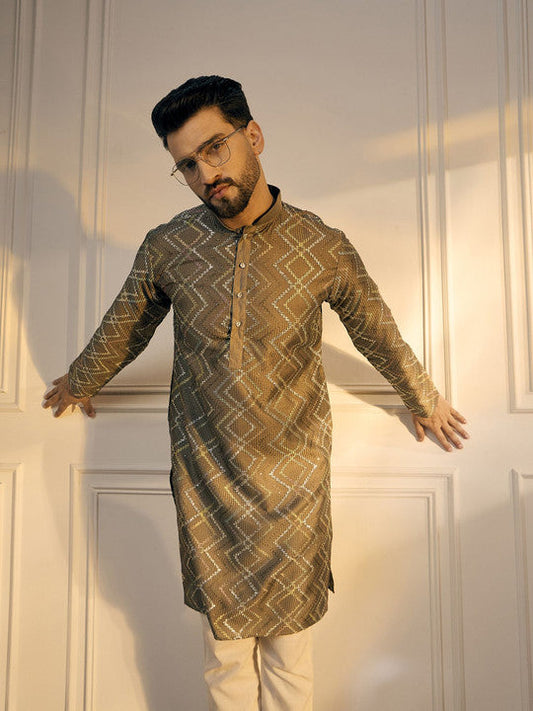 Anouk Grey Chevron Embroidered Gotta Patti Mandarin Collar Pure Cotton Straight Kurta