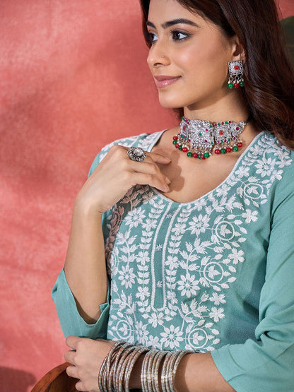 Sangria Floral Embroidered Round Neck Straight Kurta