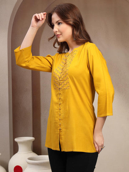 Sangria Women Embroidered Mandarin Collar Cotton Top