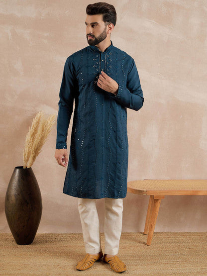 Anouk Floral Embroidered Mandarin Collar Mirror Work Straight Kurta