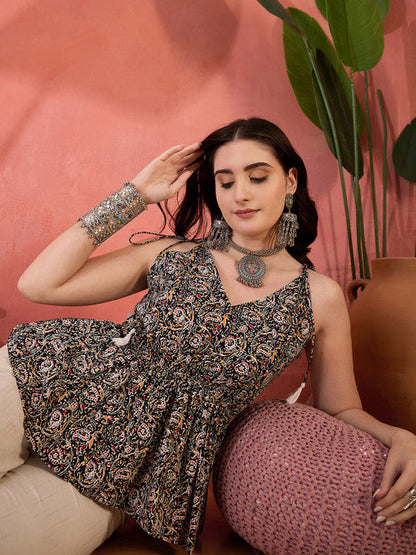 Sangria Floral Printed Pure Cotton Sleeveless Peplum Top
