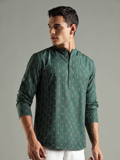 Anouk Striped Thread Work Kurta Green
