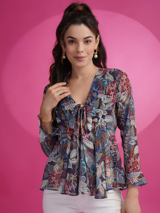 Sangria Blue Floral Printed V-Neck Bell Sleeve Georgette A-Line Top
