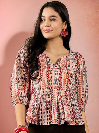 Sangria Printed Puffed Sleeves Peplum Top
