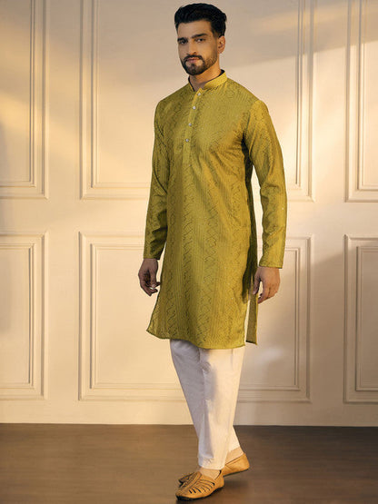 Anouk Mustard Geometric Embroidered Mandarin Collar Pure Cotton Straight Kurta