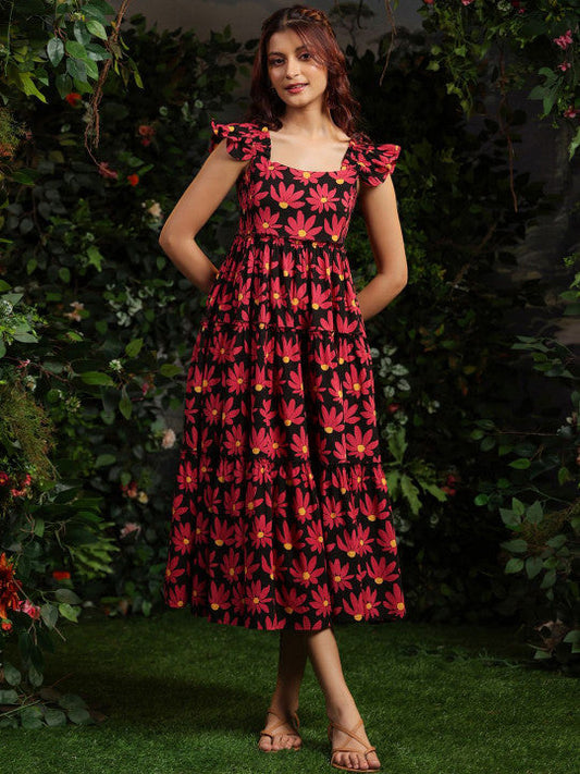 Anayna Floral Printed Fit & Flare Ethnic Midi Dress