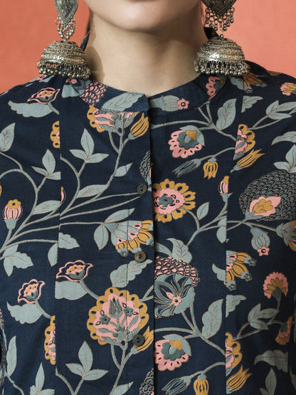 Sangria Floral Printed Mandarin Collar Panelled Pure Cotton A-Line Kurta