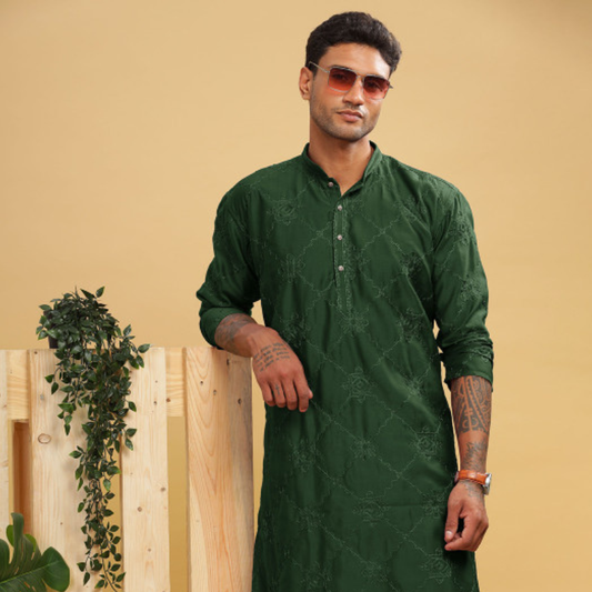 Anouk Green Ethnic Motifs Embroidered Band Collar Thread Work Cotton Straight Kurta