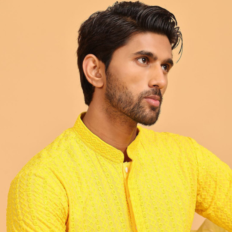 Anouk Yellow Geometric Embroidered Mandarin Collar Sequinned Straight Kurta