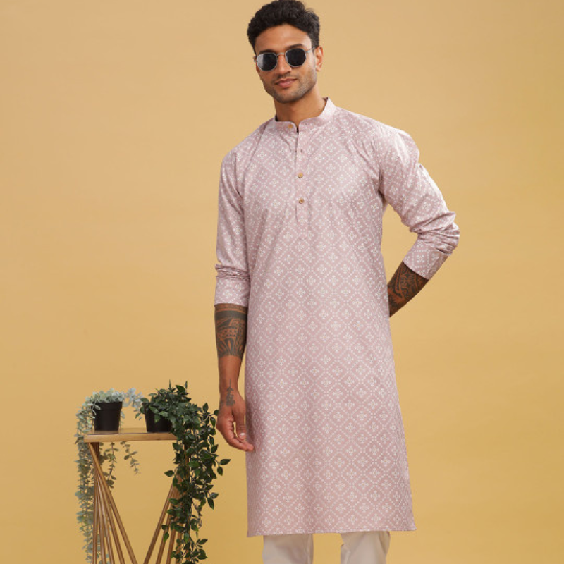 Anouk Geometric Printed Band Collar Straight Long Kurta