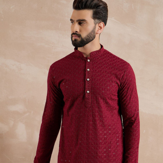 Anouk Geometric Embroidered Mandarin Collar Sequinned Straight Kurta