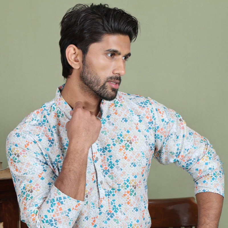 Anouk Floral Printed Mandarine Collar Straight Kurta